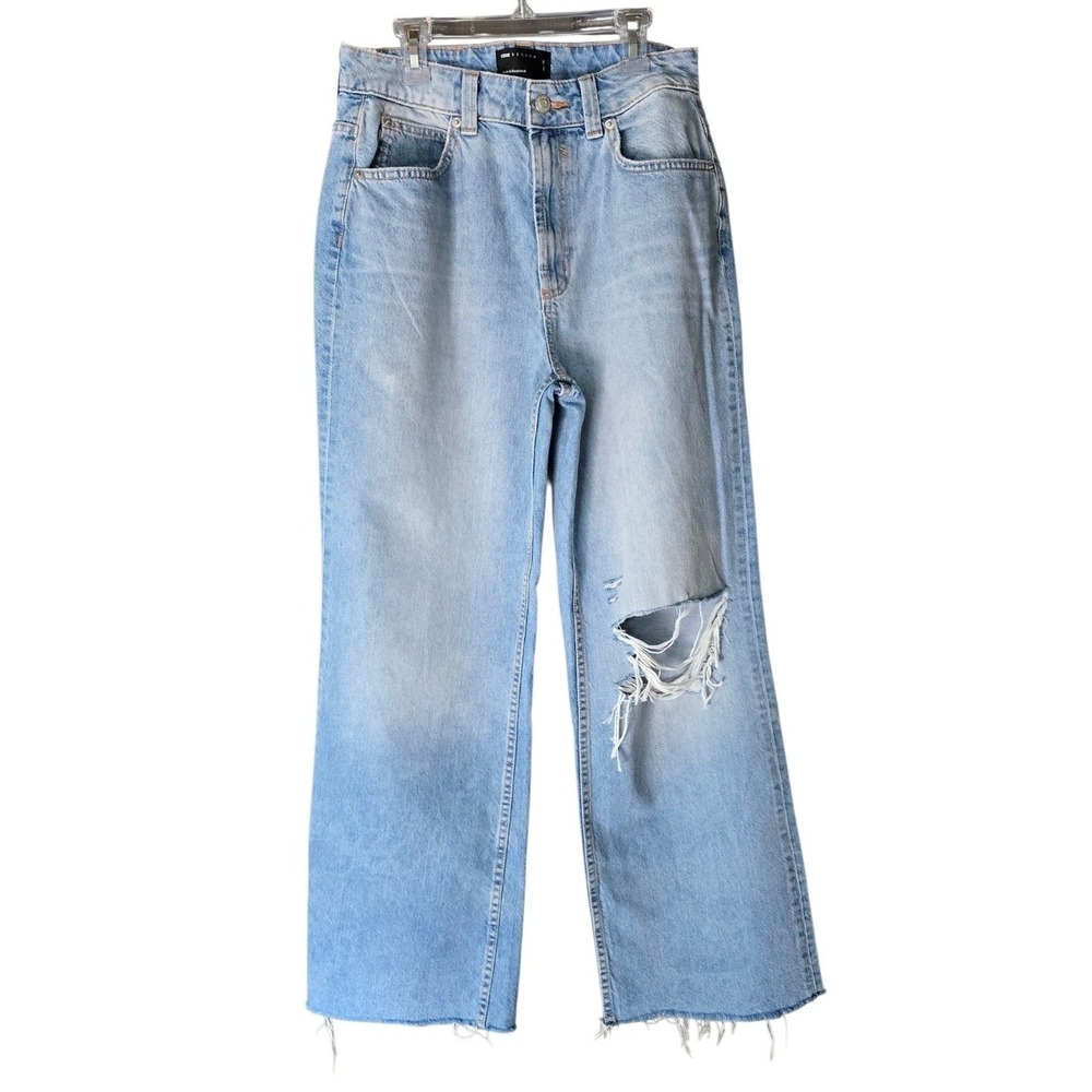 ASOS DESIGN Hourglass wide leg dad jeans in mid blue with rips